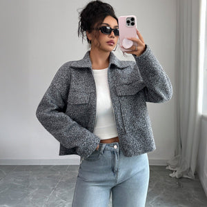 Women’s Solid Color Lapel Zipper Jacket | Slim Fit Woven Blazer – Autumn 2025 - Negative Apparel