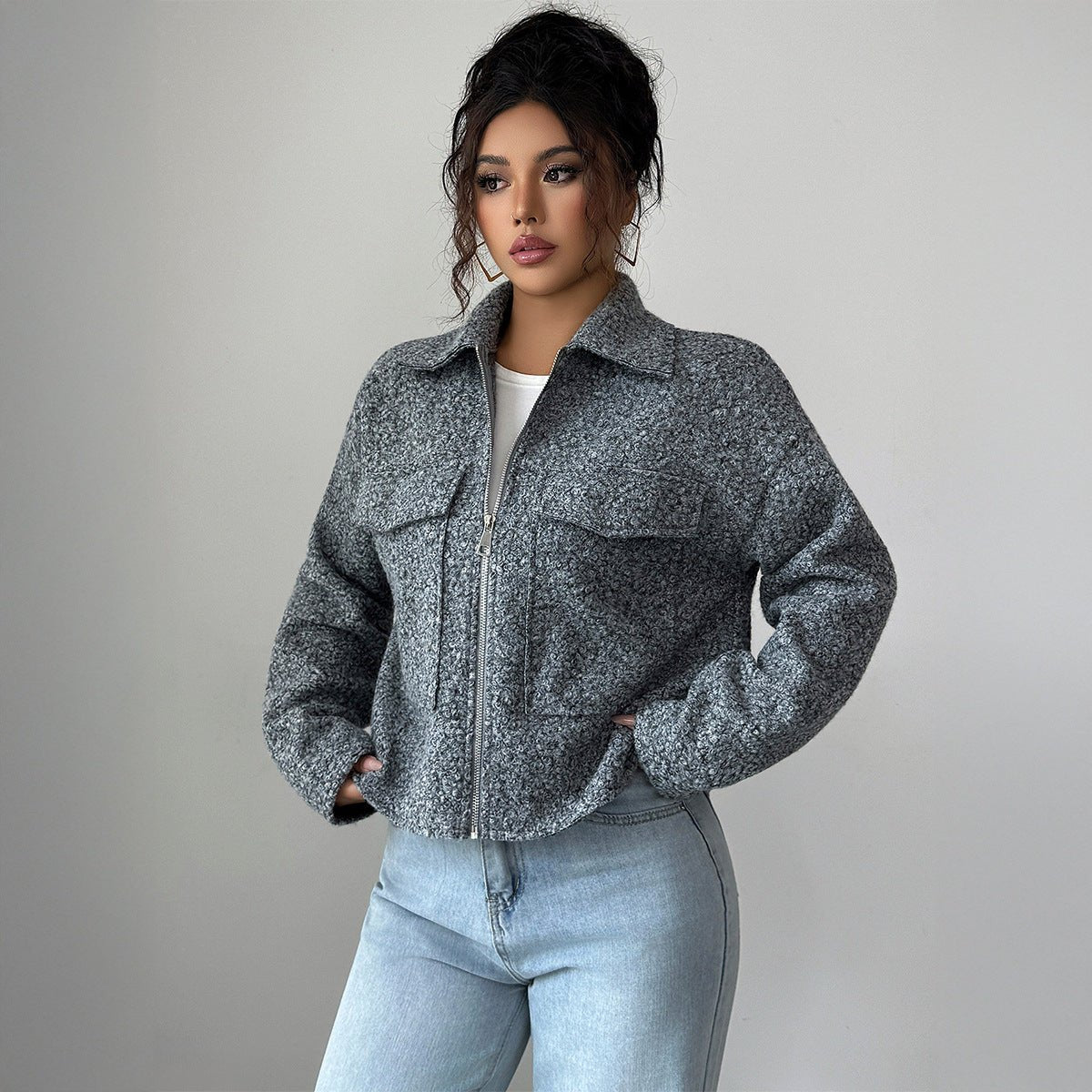 Women’s Solid Color Lapel Zipper Jacket | Slim Fit Woven Blazer – Autumn 2025 - Negative Apparel