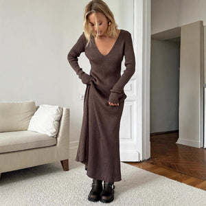 Women’s Solid Color Long Sleeve V - Neck Bodycon Dress | Pure Desire Celebrity Style | Summer 2025 - Negative Apparel