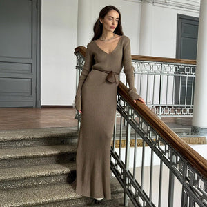 Women’s Solid Color Long Sleeve V - Neck Bodycon Dress | Pure Desire Celebrity Style | Summer 2025 - Negative Apparel
