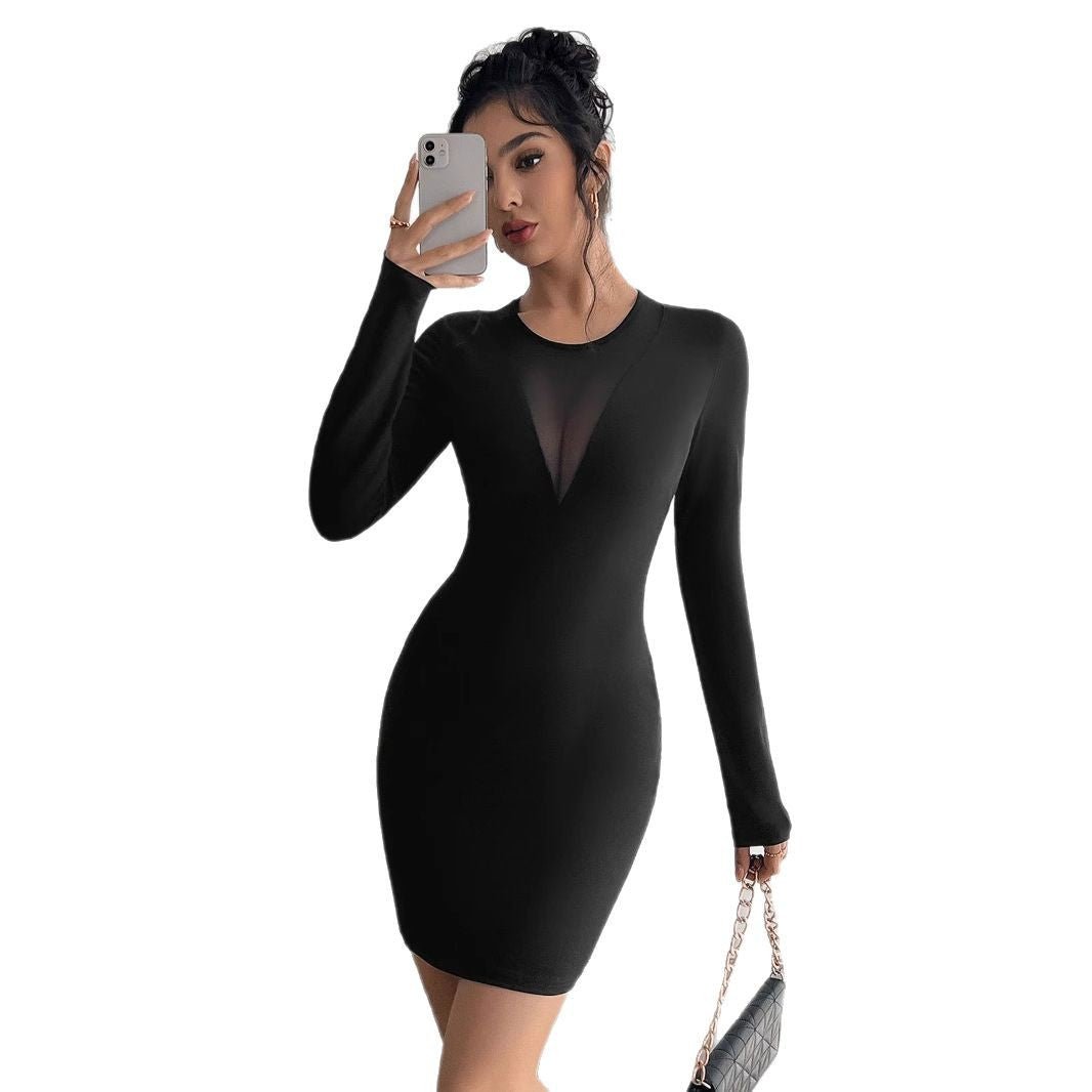 Women's solid color mesh stitching chest design long - sleeved slim dress - Negative Apparel