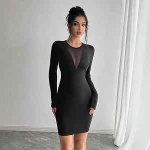Women's solid color mesh stitching chest design long - sleeved slim dress - Negative Apparel
