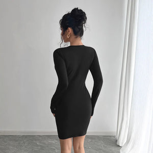 Women's solid color mesh stitching chest design long - sleeved slim dress - Negative Apparel