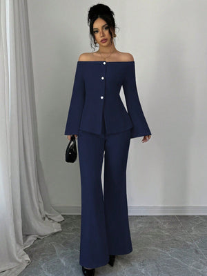 Women's Solid Color Off - Shoulder Flared Sleeve Single Breasted Top And Pants Elegant 2 - Piece Set - Negative Apparel