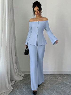 Women's Solid Color Off - Shoulder Flared Sleeve Single Breasted Top And Pants Elegant 2 - Piece Set - Negative Apparel