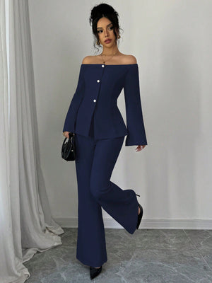 Women's Solid Color Off - Shoulder Flared Sleeve Single Breasted Top And Pants Elegant 2 - Piece Set - Negative Apparel