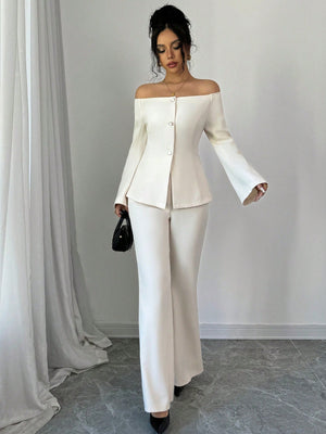 Women's Solid Color Off - Shoulder Flared Sleeve Single Breasted Top And Pants Elegant 2 - Piece Set - Negative Apparel
