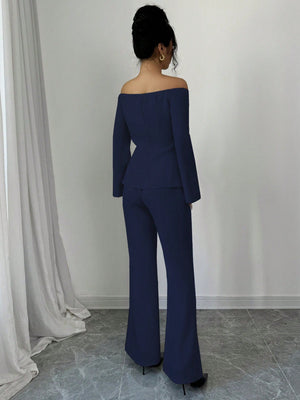 Women's Solid Color Off - Shoulder Flared Sleeve Single Breasted Top And Pants Elegant 2 - Piece Set - Negative Apparel