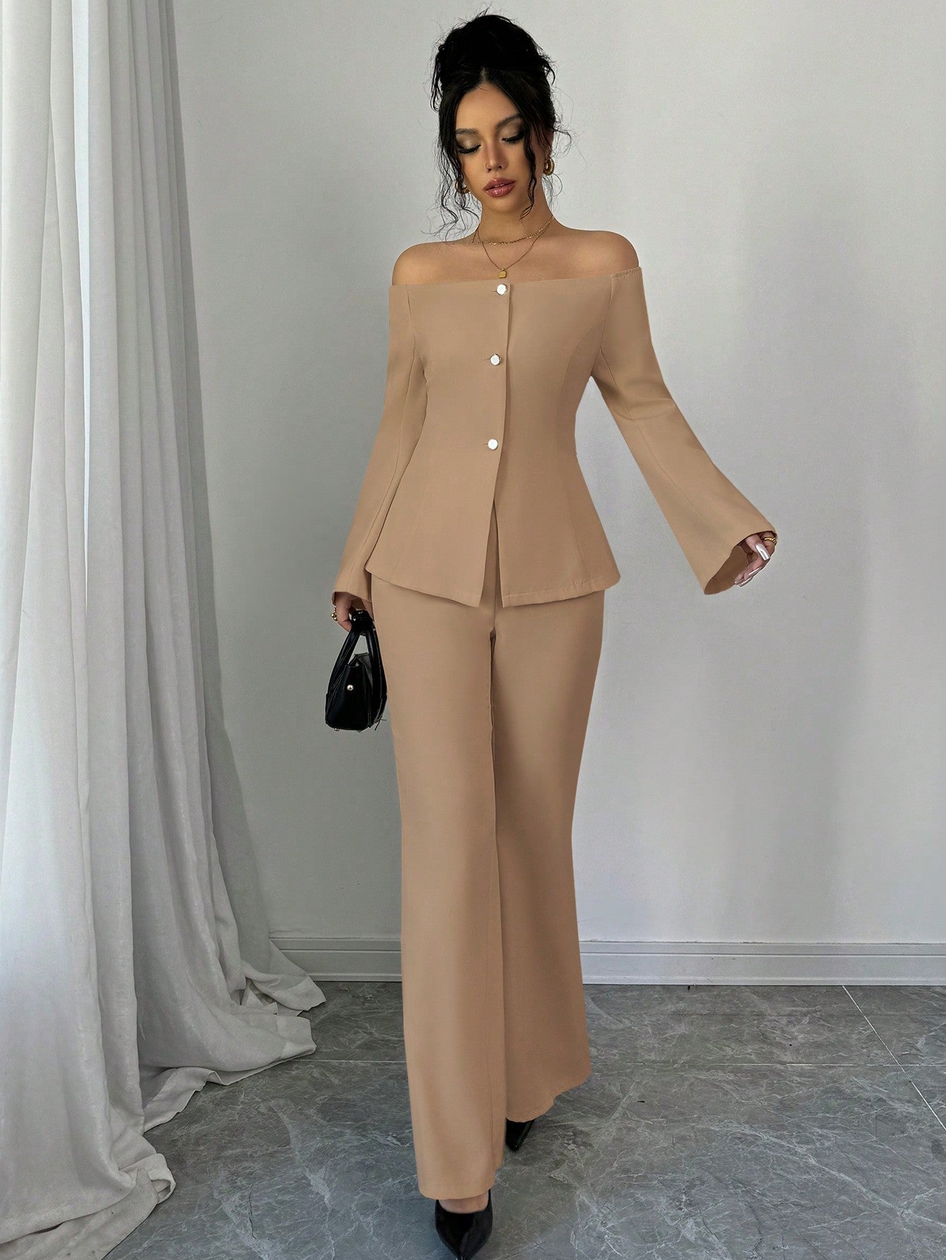 Women's Solid Color Off - Shoulder Flared Sleeve Single Breasted Top And Pants Elegant 2 - Piece Set - Negative Apparel