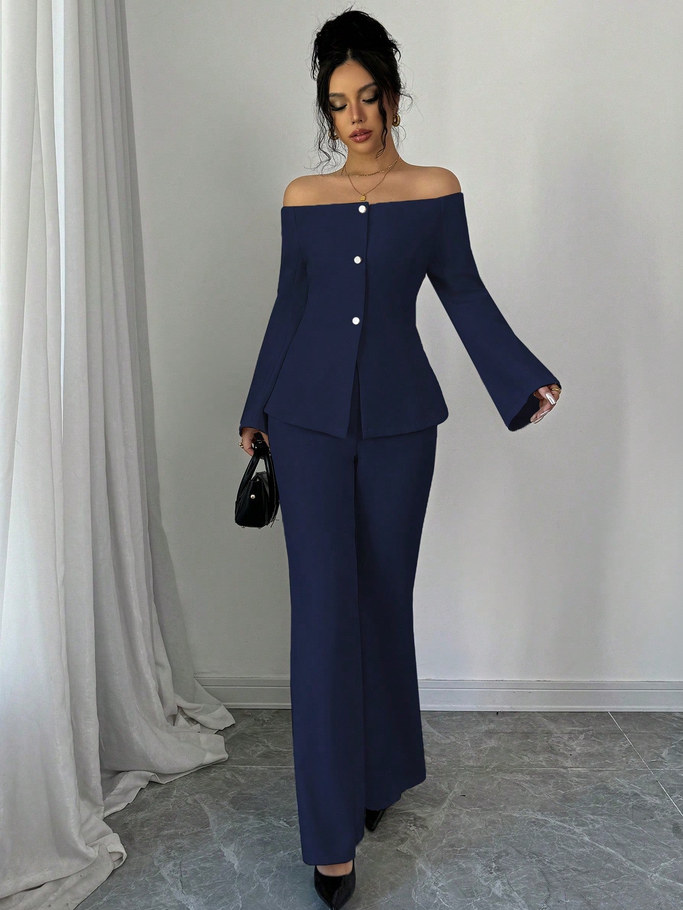 Women's Solid Color Off - Shoulder Flared Sleeve Single Breasted Top And Pants Elegant 2 - Piece Set - Negative Apparel