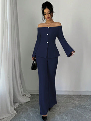 Women's Solid Color Off - Shoulder Flared Sleeve Single Breasted Top And Pants Elegant 2 - Piece Set - Negative Apparel