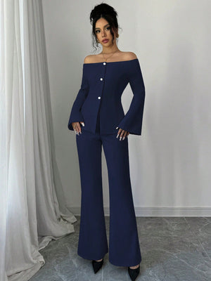 Women's Solid Color Off - Shoulder Flared Sleeve Single Breasted Top And Pants Elegant 2 - Piece Set - Negative Apparel