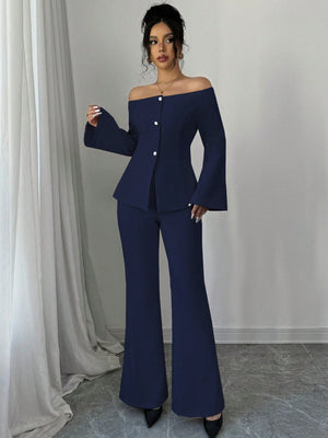 Women's Solid Color Off - Shoulder Flared Sleeve Single Breasted Top And Pants Elegant 2 - Piece Set - Negative Apparel