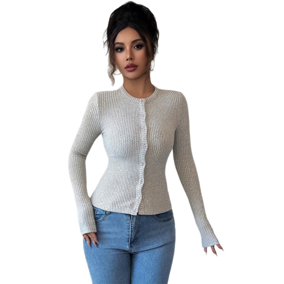 Women’s Solid Color Round - Neck Knitted Cardigan | Elegant Long Sleeve Sweater – Winters 2025 - Negative Apparel