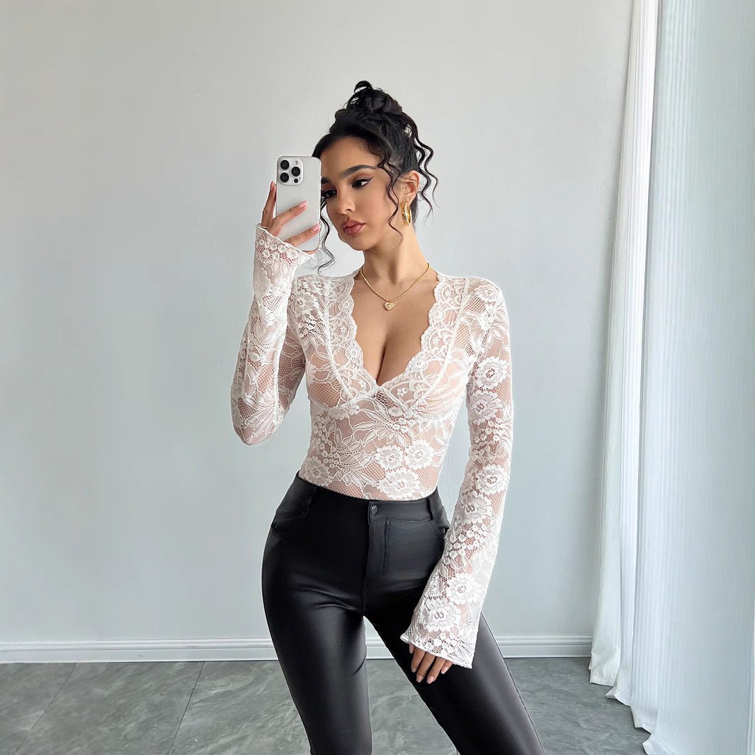 Women's solid color sexy lace slim V - neck long - sleeved T-shirt top - Negative Apparel