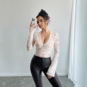 Women's solid color sexy lace slim V - neck long - sleeved T-shirt top - Negative Apparel