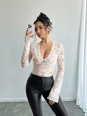 Women's solid color sexy lace slim V - neck long - sleeved T-shirt top - Negative Apparel