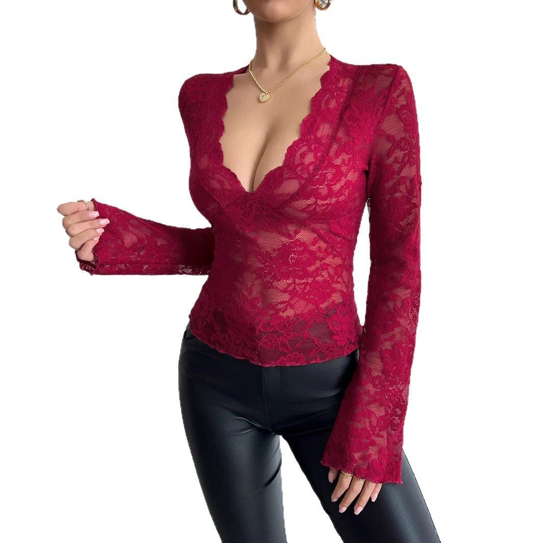 Women's solid color sexy lace slim V - neck long - sleeved T-shirt top - Negative Apparel