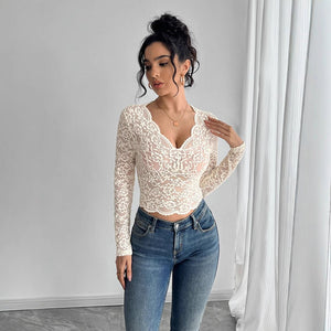 Women's solid color sexy lace V - neck long - sleeved T-shirt top - Negative Apparel