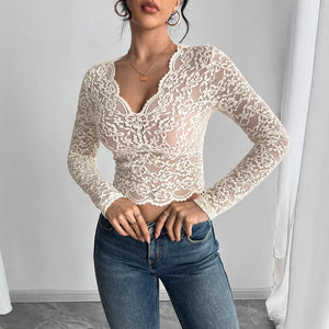 Women's solid color sexy lace V - neck long - sleeved T-shirt top - Negative Apparel