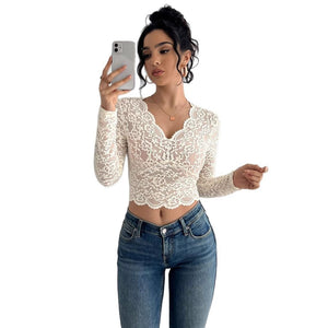 Women's solid color sexy lace V - neck long - sleeved T-shirt top - Negative Apparel