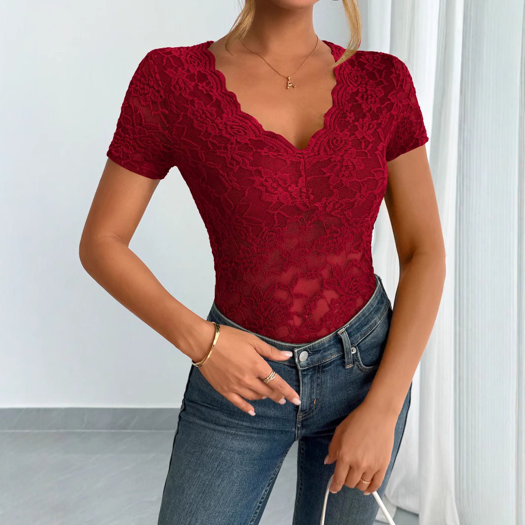 Women's solid color sexy lace V - neck short - sleeved lace bottoming shirt - Negative Apparel