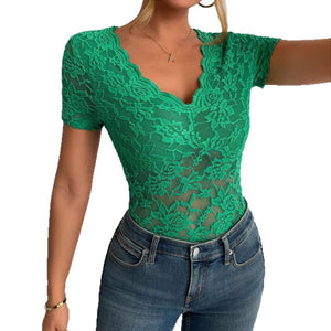 Women's solid color sexy lace V - neck short - sleeved lace bottoming shirt - Negative Apparel