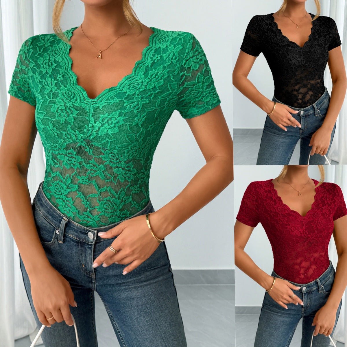 Women's solid color sexy lace V - neck short - sleeved lace bottoming shirt - Negative Apparel
