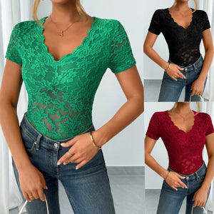 Women's solid color sexy lace V - neck short - sleeved lace bottoming shirt - Negative Apparel