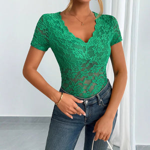 Women's solid color sexy lace V - neck short - sleeved lace bottoming shirt - Negative Apparel