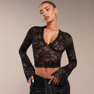 Women's solid color sexy transparent lace V - neck tight horn long - sleeved top - Negative Apparel