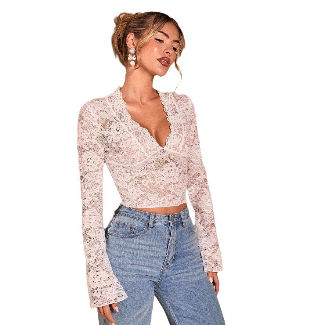 Women's solid color sexy transparent lace V - neck tight horn long - sleeved top - Negative Apparel