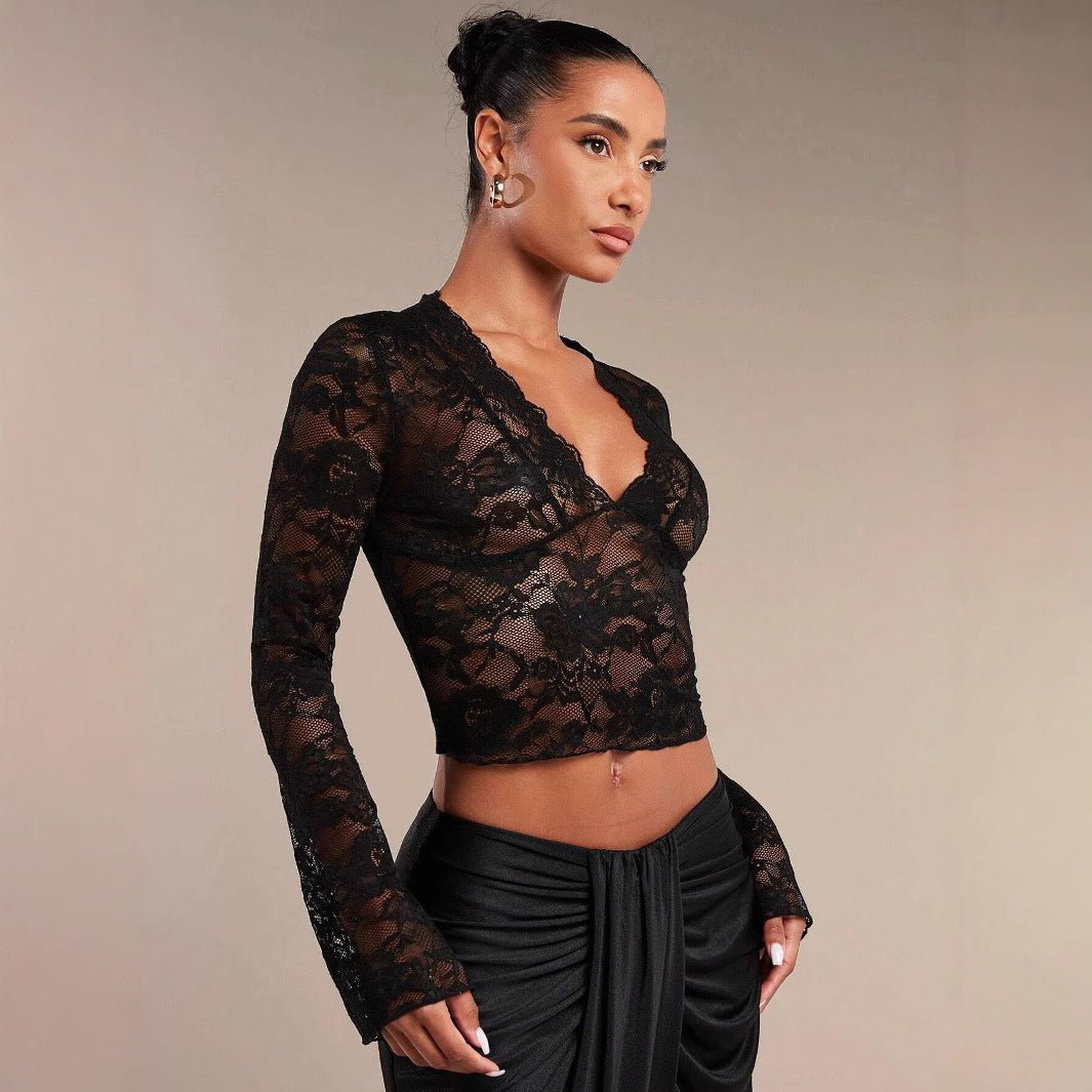 Women's solid color sexy transparent lace V - neck tight horn long - sleeved top - Negative Apparel