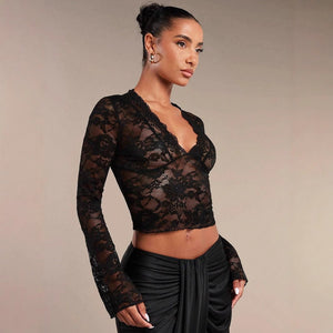 Women's solid color sexy transparent lace V - neck tight horn long - sleeved top - Negative Apparel