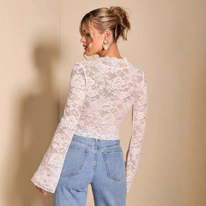 Women's solid color sexy transparent lace V - neck tight horn long - sleeved top - Negative Apparel