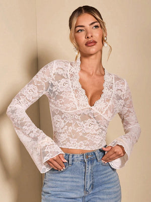 Women's solid color sexy transparent lace V - neck tight horn long - sleeved top - Negative Apparel