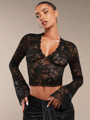 Women's solid color sexy transparent lace V - neck tight horn long - sleeved top - Negative Apparel