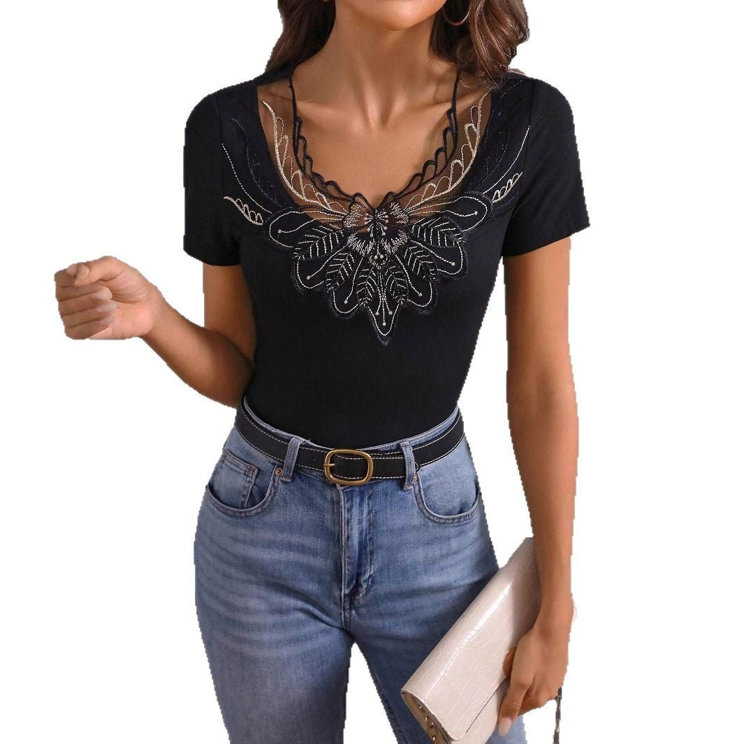 Women's solid color simple fashion embroidery short - sleeved T-shirt - Negative Apparel