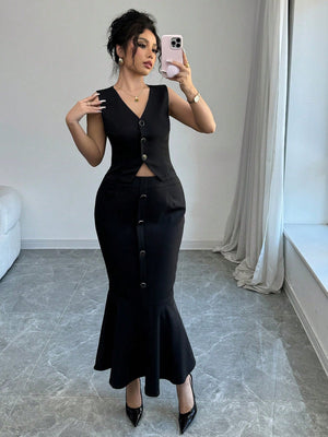 Women's Solid Color Single Breasted Vest And Fish Hem 2 Piece Set, Elegant - Negative Apparel