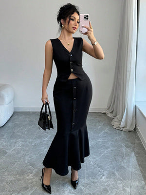 Women's Solid Color Single Breasted Vest And Fish Hem 2 Piece Set, Elegant - Negative Apparel