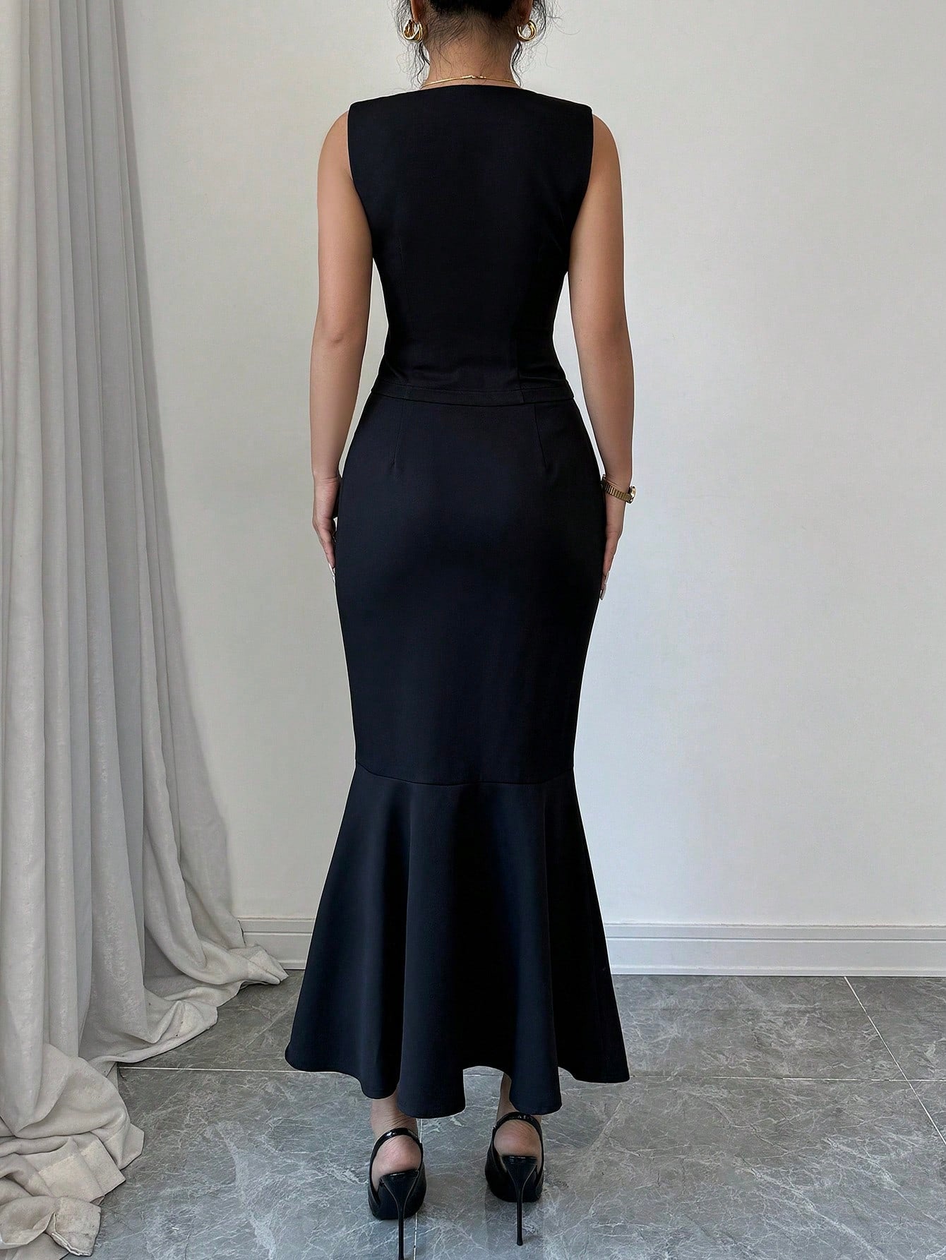 Women's Solid Color Single Breasted Vest And Fish Hem 2 Piece Set, Elegant - Negative Apparel