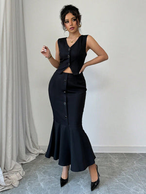 Women's Solid Color Single Breasted Vest And Fish Hem 2 Piece Set, Elegant - Negative Apparel