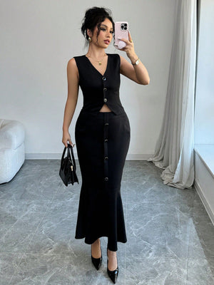 Women's Solid Color Single Breasted Vest And Fish Hem 2 Piece Set, Elegant - Negative Apparel