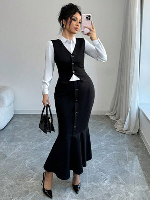 Women's Solid Color Single Breasted Vest And Fish Hem 2 Piece Set, Elegant - Negative Apparel