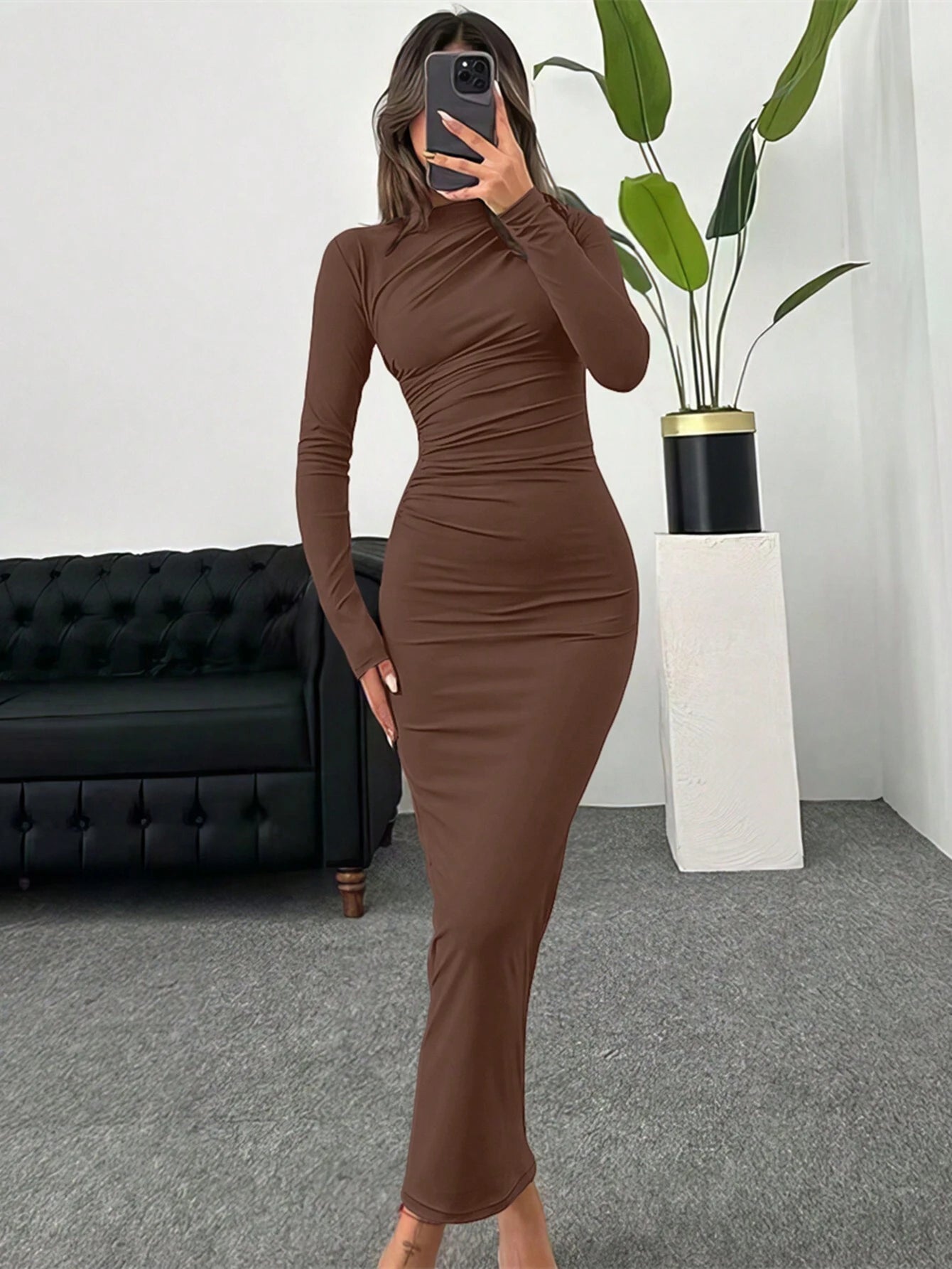 Women's Solid Color Stand Collar Long Sleeve Pleated Bodycon Dress FD - Negative Apparel