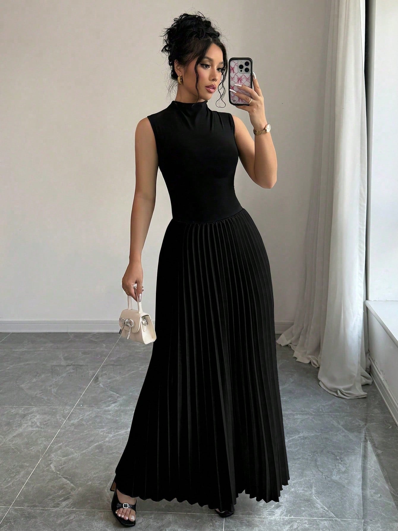 Women's Solid Color Standup Collar Pleated Hem Sleeveless Elegant Dress Maxi Women Outfit