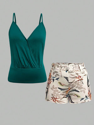 Women's Solid Color Tank Top And Botanical Print Shorts 2 Pieces Set - Negative Apparel
