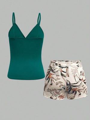 Women's Solid Color Tank Top And Botanical Print Shorts 2 Pieces Set - Negative Apparel