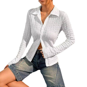 Women's solid color texture long - sleeved fashion shirt top women - Negative Apparel