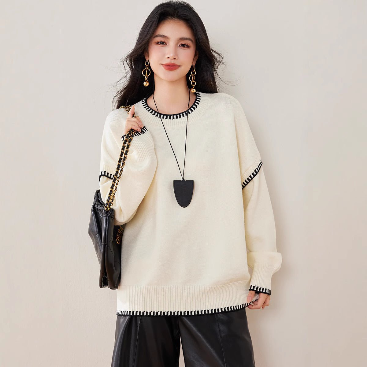 Women’s Solid Color Thick Knit Pullover Sweater – Loose Fit Lazy Wind Casual Crew Neck, Autumn 2025 - Negative Apparel